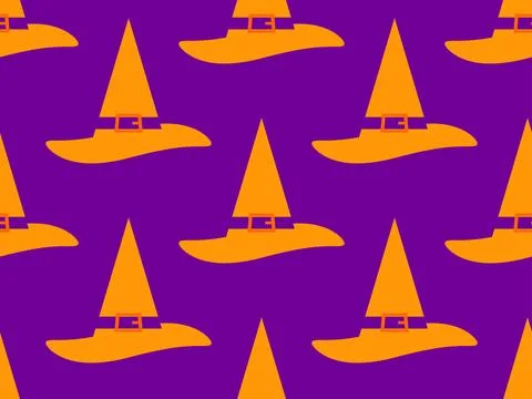 Witch hat seamless pattern. Halloween background with orange cone witches h.. Stock Illustration
