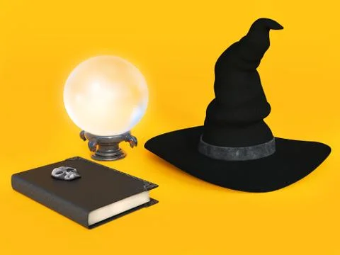 Witch hat, spell book and crystal ball. Stock Illustration