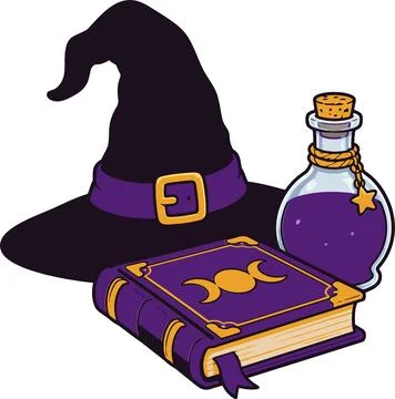 Witch Hat, Spell Book, and Magic Potion Bottle Illustration Stock Illustration