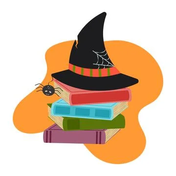 Witch hat on a stack of books with a spider. Stock Illustration