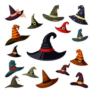 Witch hats colored set. Wizard and magicians caps masquerade elements Halloween Stock Illustration