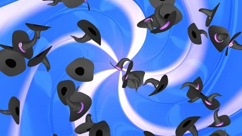 Witch hats fall like rain over a spiral-rotating blue background. Stock Footage 315271513