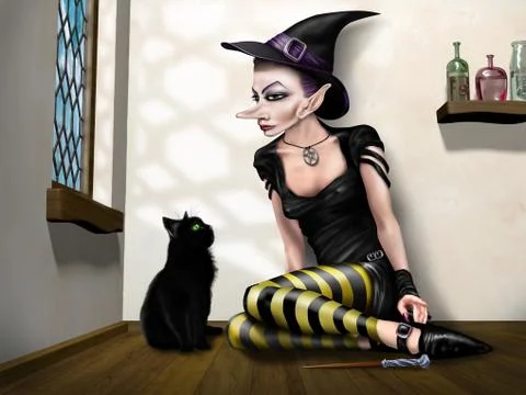 Witch with her familiar Stock Illustration