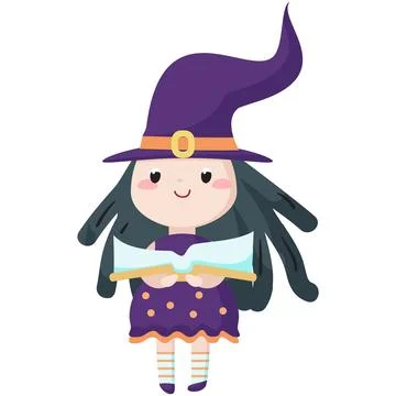 Witch holding spell book vector cartoon flat icon Stock Illustration