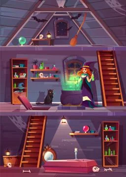 Witch in house with cellar, attic. Vector Stock Illustration