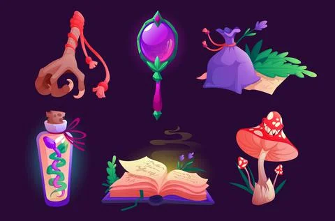 Witch items magic mirror, spell book, bird foot Stock Illustration