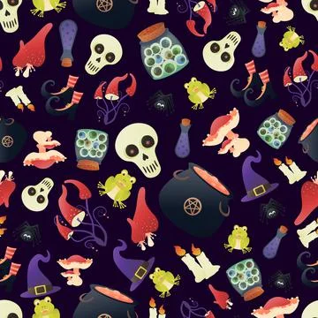 Witch items seamless pattern, halloween holiday background, ornament for text Stock Illustration