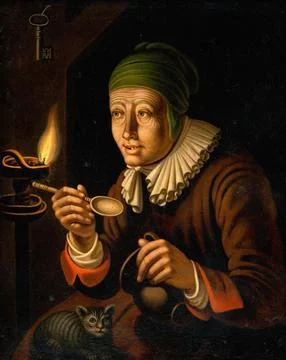Witch just tasting a spoonful of her freshly brewed magic potion on her knee a Stock Photos