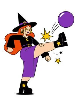 Witch Kicking a Purple Ball Stock Illustration