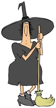 Witch leaning on her broom Stock Illustration