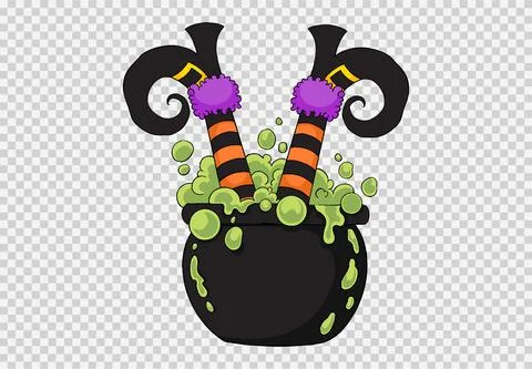 Witch legs coming outside magic boil cauldron isolated on png or transparent  Stock Illustration