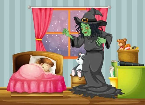 A witch looking at the girl sleeping inside the room Illustrazione stock