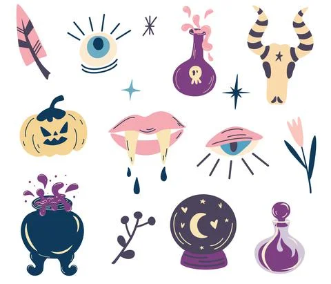 Witch magic design collection. Set of elements for Halloween. Party invitatio Stock Illustration