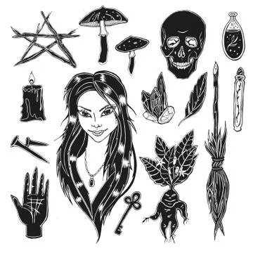 Witch magic design elements set. Hand drawn magician collection. Black and wh Stock Illustration