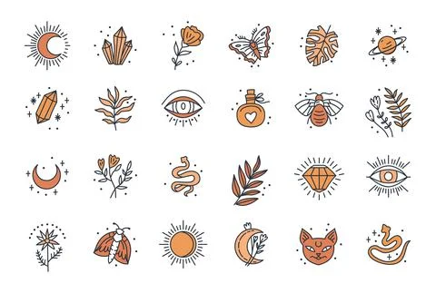 Witch magic design vector elements set. Witchcraft symbols. Stock Illustration