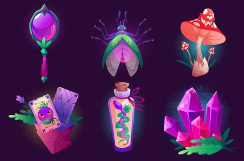 Witch magic items , cartoon wizard stuff icons set Illustrazione stock