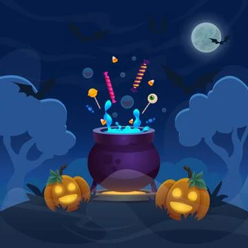 Witch magic pot on hill forest. Cartoon halloween illustration with pumpkins of Stock-Illustration