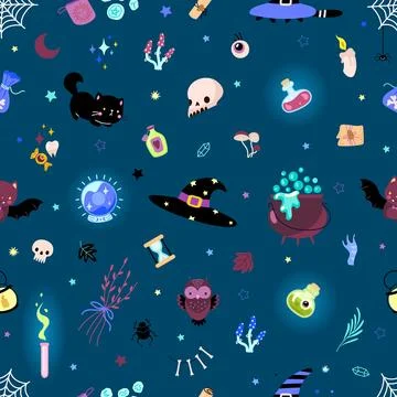 Witch magic seamless pattern. Magical elements, cartoon bottle poison, crystal Stock Illustration