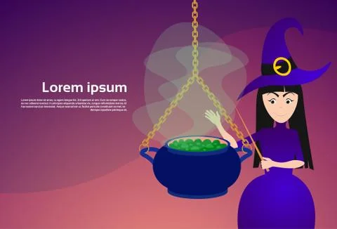 Witch Making Potion In Big Pot Happy Halloween Banner Party Celebration Concept Ilustração Stock