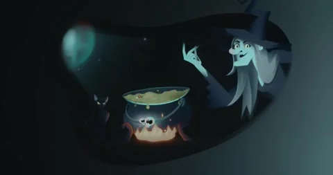 Witch making a potion in a cauldron with her cat nearby Vídeo Stock 314574408