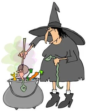 Witch making soup in a cauldron Stock Illustration