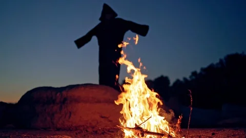 Witch by night fire in forest Stock Footage 115053155