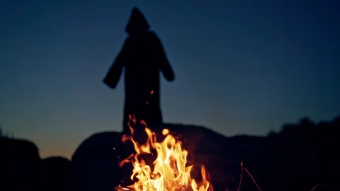 Witch by night fire in forest Video stock 120442678