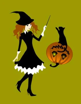 Witch playing with the cat on the pumpkin Stock Illustration