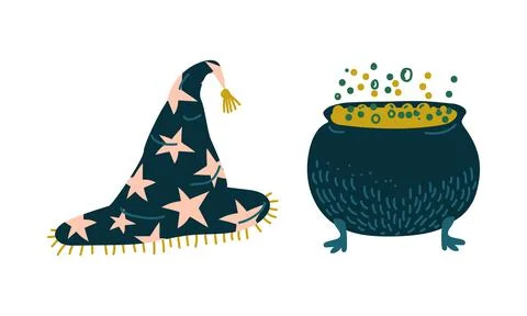 Witch Pointed Hat and Cauldron with Boiling Potion as Witchcraft Object for Illustrazione stock