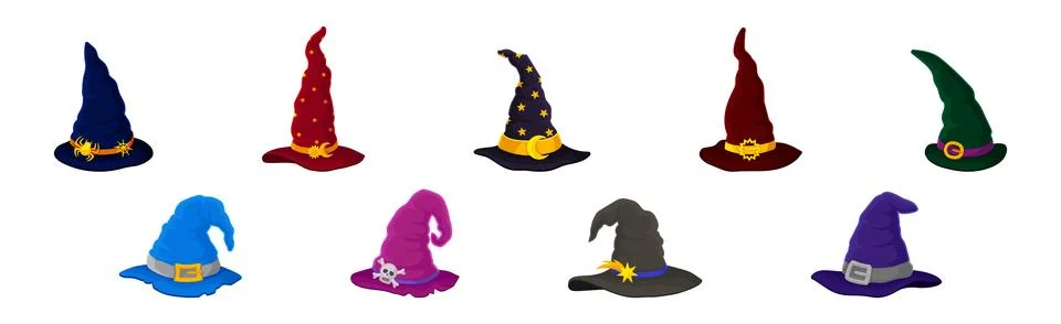 Witch Pointed Hat with Buckle and Wide Brim Vector Set Stock Illustration