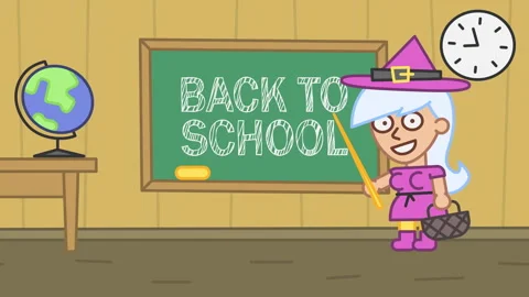 Witch pointing pointer stick at school board with inscription back to school 動画素材 282297298
