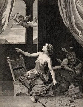 A witch points at Cupid above, Mars [Ares] (?) behind her. Engraving by L. .. Ilustração Stock