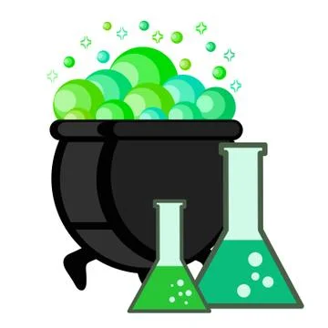 Witch pot of boiling green magic potion and test tubes for Halloween, vector  Stock Illustration