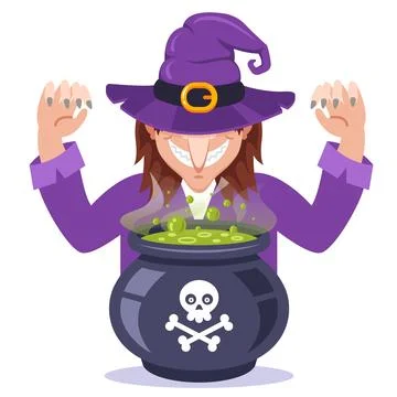 Witch prepares a potion in an iron pot. Stock Illustration