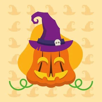 Witch pumpkin with skull hat. Vector Stock Illustration
