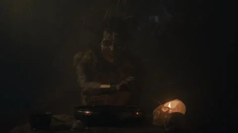 Witch puts a flame to make a voodoo mixture Video stock 259860658