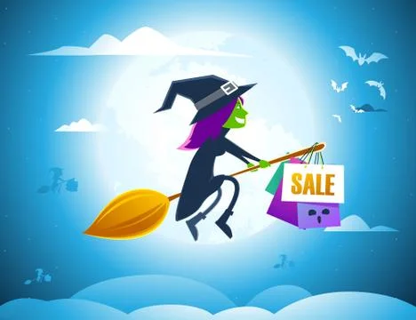 Witch riding a magic broom. Vector Illustration Stock Illustration