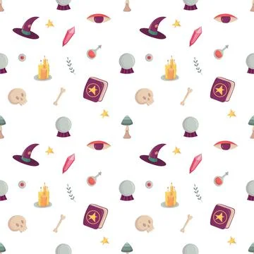 Witch seamless pattern with esoteric tools for fabric Stock Illustration