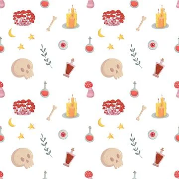 Witch seamless pattern with esoteric tools for fabric Stock Illustration