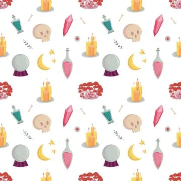 Witch seamless pattern with esoteric tools for fabric Illustrazione stock