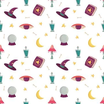 Witch seamless pattern with esoteric tools. Witchcraft supply Stock Illustration