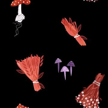 Witch seamless pattern. Potions made from dried herbs, dried flowers, fly Stock Illustration