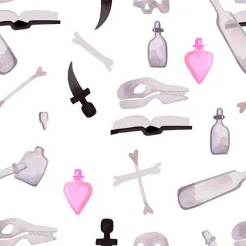 Witch seamless pattern. Skulls, bones, flasks and potions, a book, a dagger, a Stock Illustration
