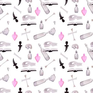 Witch seamless pattern. Skulls, bones, flasks and potions, a book, a dagger, a Stock Illustration