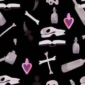 Witch seamless pattern. Skulls, bones, flasks and potions, a book, a dagger, a Stock Illustration