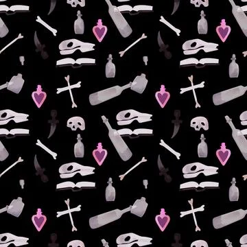 Witch seamless pattern. Skulls, bones, flasks and potions, a book, a dagger, a Stock Illustration