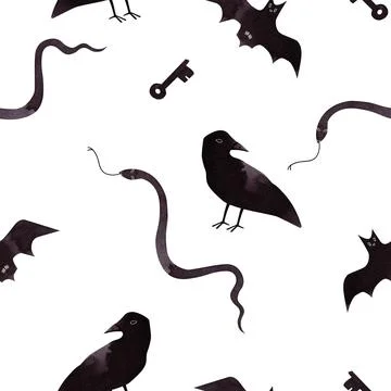 Witch seamless pattern. Wizard's animals: raven, snake, bat and keys. Halloween Stock Illustration