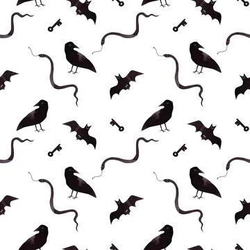 Witch seamless pattern. Wizard's animals: raven, snake, bat and keys. Halloween Stock Illustration