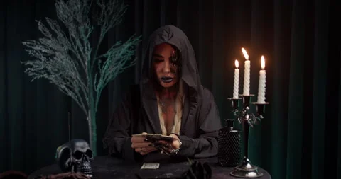 Witch selecting prediction card during mystical ritual Stock Footage 319557958
