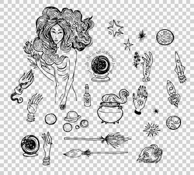 Witch Set line art drawing clipart halloween magic elements design Stock Illustration